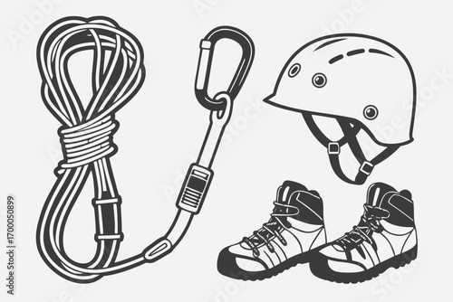 Climbing equipment illustration, including rope, carabiner, helmet, and boots.