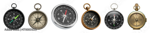 Diverse compass set including modern, vintage, brass, silver, and antique designs isolated. Navigation and exploration collection.