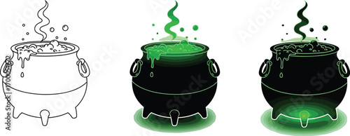 Vector art of set of witchs cauldron with boiling potion halloween celebration and magic concept vector illustration