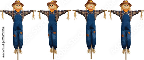 Vector art of four scarecrows in a row, perfect for fall harvest, halloween, or thanksgiving themed designs and decorations