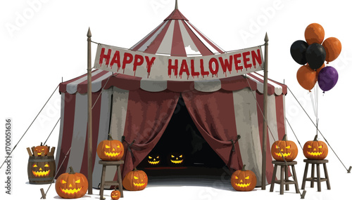 Vector art of happy halloween scene with circus tent and pumpkins festive illustration for greeting card or banner