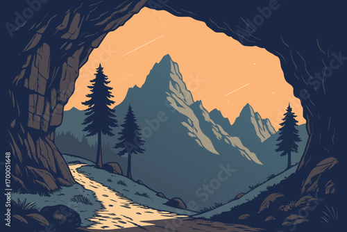 A scenic view of majestic mountains and pine trees seen from the mouth of a dark cave.