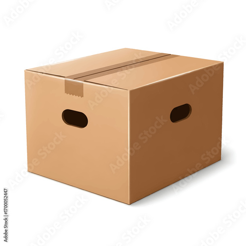 A closed, tan cardboard box with carrying handles and sealing tape.