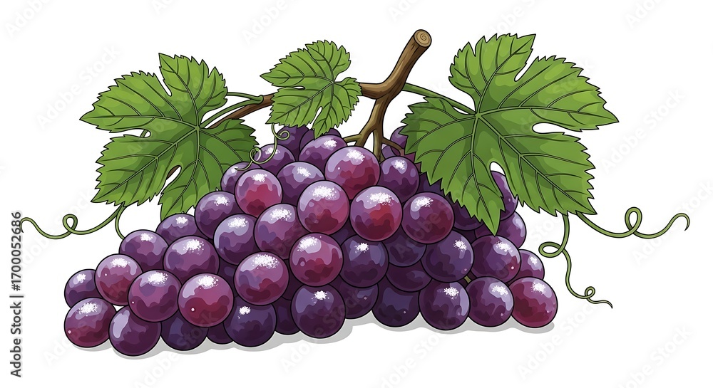 Fototapeta premium Freshly picked purple grapes with vibrant green leaves create a stunning harvest scene perfect for healthy eating campaigns or culinary illustrations and vineyard promotions