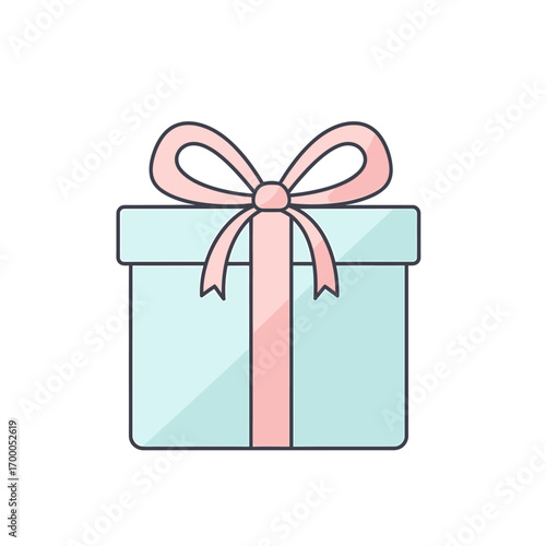 Light teal gift box with a pink ribbon and bow, simple illustration.