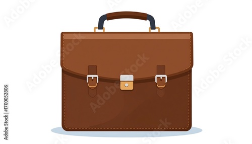 A classic brown leather briefcase is presented in a simple, flat design, showcasing the details of its closure and handle.