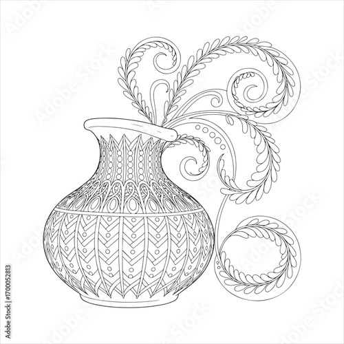“Ornate Black and White Zentangle Vase with Geometric Patterns and Spiral Tendrils Line Art Illustration