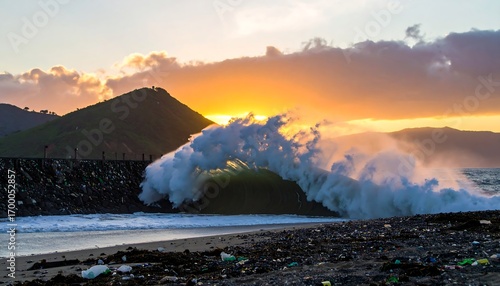Dramatic sunset wave crashing over a seawall