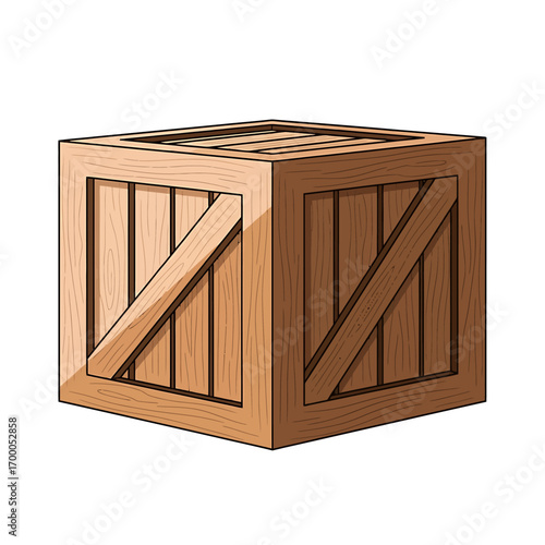 A sturdy, light brown wooden crate, square-shaped, with diagonal bracing.