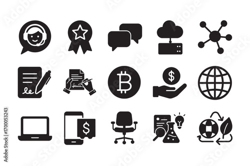 Business, Finance, Technology and Office Icon Set – Minimal Solid Vector Collection