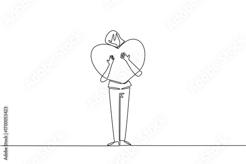 A single line drawing of a woman hugging a large heart with a gentle smile, expressing warmth, tenderness, and connection for Love Conquers All Day in a relationship and kindness concept.