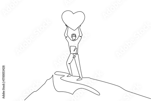 A single line drawing of a young man holding a heart high above his head on a mountain peak, symbolizing triumph and unity for Love Conquers All Day in a relationship and humanity concept.