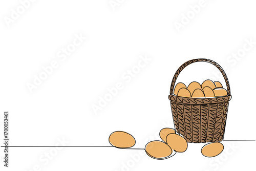 A single line drawing of a rustic woven basket tipped with fresh eggs spilling out, food object concept, farm-to-table minimalism and culinary vector art for National Egg Day celebration