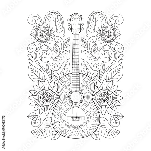 Acoustic Guitar with Mandala Patterns and Decorative Floral Elements Black and White Coloring Page Illustration