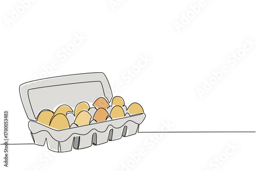 A continuous line drawing of an open egg carton filled with assorted eggs, food object concept, minimalist farm to table vector art for culinary and kitchen illustration themes. National Egg Day