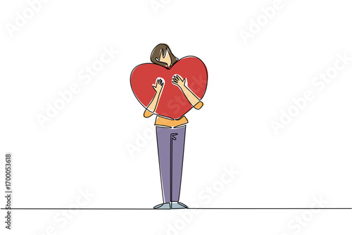 A single line drawing of a woman holding a large heart tightly against her chest, representing connection, tenderness, and unity for Love Conquers All Day in a relationship and affection concept.