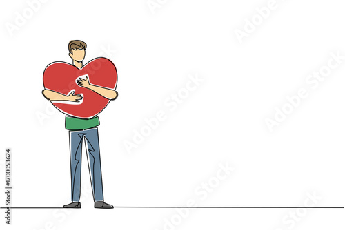 A continuous line drawing of a young man warmly embracing a giant heart against his chest, conveying protection and devotion for Love Conquers All Day in a relationship and compassion concept.