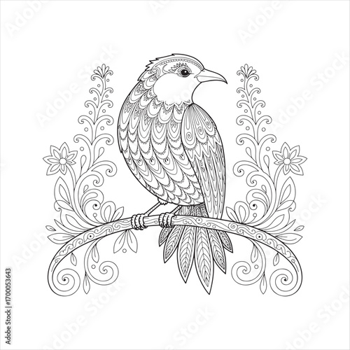 Bird on Decorative Branch with Mandala and Floral Patterns – Black and White Line Art Coloring Page Illustration