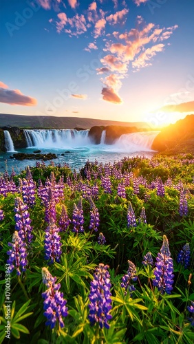Dramatic waterfall cascading into a field of lupines at sunrise