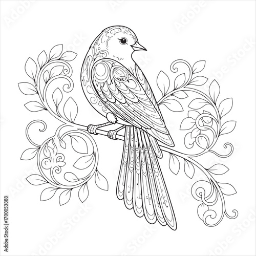 Bird on Decorative Branch with Mandala and Floral Patterns – Black and White Line Art Coloring Page Illustration