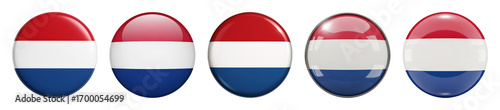 Netherlands flag button set including glossy and bordered variants isolated. National pride and country identification.