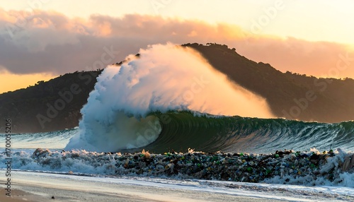Dramatic wave crashing over a beach littered with plastic