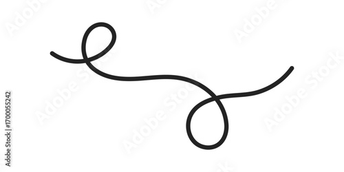 Hand drawn continuous black squiggle line. Artistic decorative curly divider element with loop. Decorative doodle swirl for design. Vector illustration