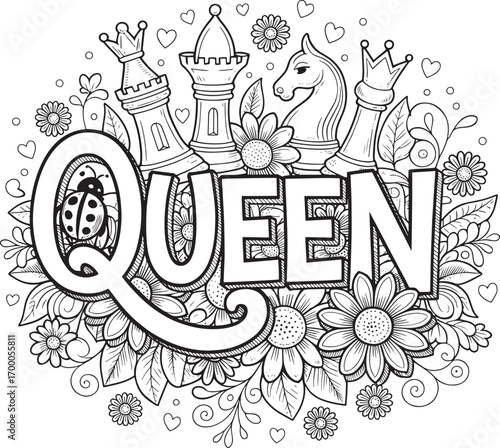 QUEEN Word Art with Decorative Floral, Chess Pieces, and Ornate Patterns Black and White