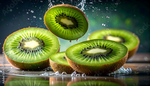 Fresh kiwi slices in motion, glistening with water droplets, create a vibrant and healthy composition.