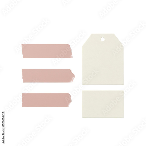 Three light pink adhesive tape strips with torn edges and texture, arranged in a staggered row, next to a small blank off-white tag on a solid transparent background, no shadows. Concept for premium