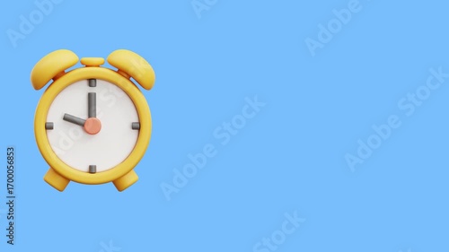 Yellow cartoon alarm clock on a blue background suitable for childrens book illustrations, educational materials, time management concepts, and product packaging