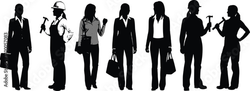 Silhouette Vector Illustration of Professional Women in Business and Construction Roles Holding Tools and Bags in Various Poses
