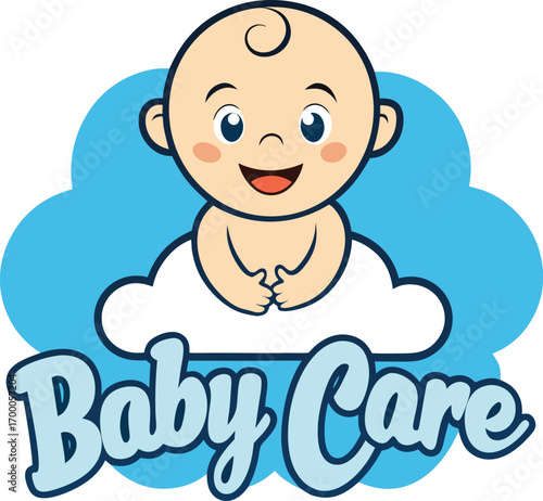Baby Care Logo Cute Cartoon Baby on Cloud with Text