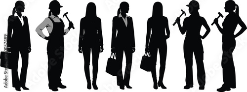 Silhouette Vector Illustration of Women in Business and Construction Outfits Holding Tools, Wearing Helmets, and Carrying Bags in Poses