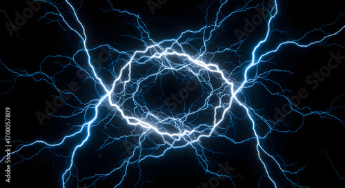 Dynamic circle of bright blue electrical lightning bolts.