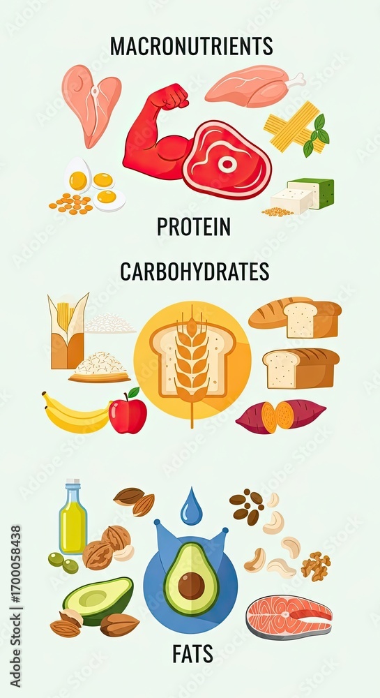 Fototapeta premium Comprehensive Visual Guide to Macronutrients: Protein, Carbohydrates, and Fats Food Sources for Healthy Eating