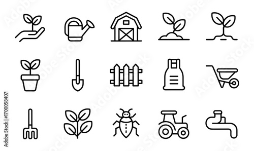 Garden and Farm Outline Symbol Set for Agriculture, Plant Care, and Ecology