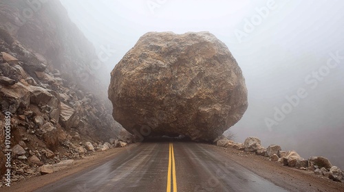 Roadblock: A massive boulder has fallen, obstructing a winding mountain road shrouded in thick fog. Nature's power halts travel.