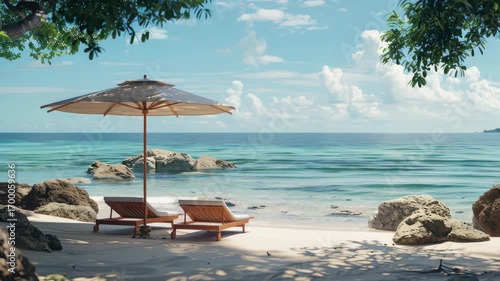 Tranquil beach scene with umbrella, chairs and water view for vacation relaxation.