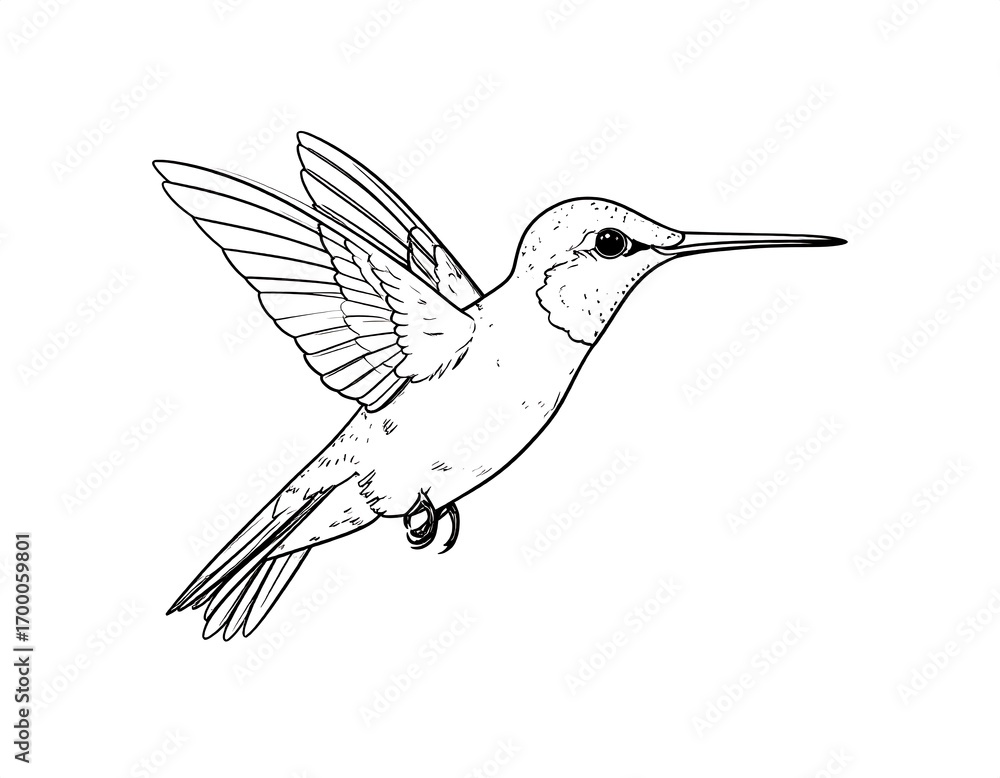 Fototapeta premium Detailed Line Art Depiction of a Hummingbird in Flight on White Canvas