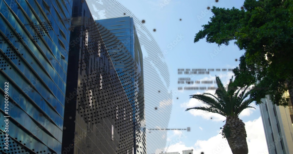 Naklejka premium Showing central skyscraper standing on downtown street, with slatted facade, palm tree, dark dots