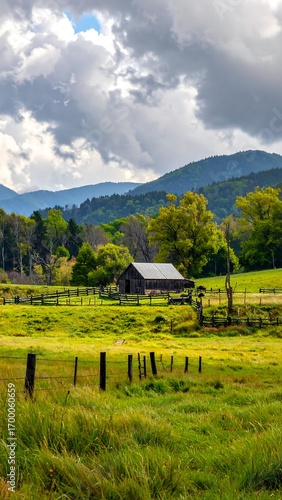 A serene rural landscape, featuring a rustic barn nestled amidst rolling hills, vivid green fields, and a cloudy sky.