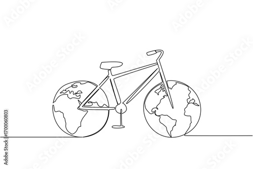 Detailed single line drawing of a bicycle with both wheels shaped like the Earth, highlighting eco-friendly transport and unity for World Bicycle Day in a sport, travel, and environment concept.