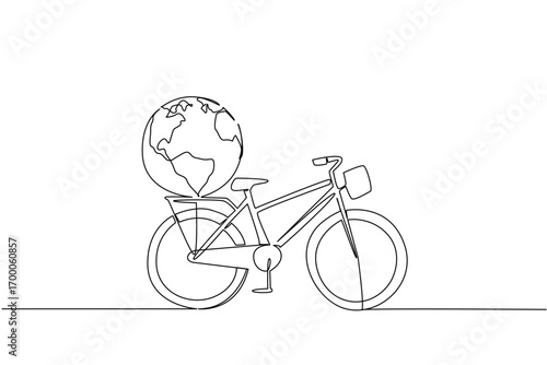 Simple single line drawing of a bicycle carrying a large globe on its back carrier, symbolizing global connection and sustainability for World Bicycle Day in a sport and travel concept.
