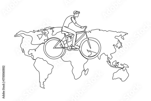 Minimal continuous line drawing of a young man cycling on a large world map, representing international cycling events for World Bicycle Day in a sport, tourism, and environment concept.