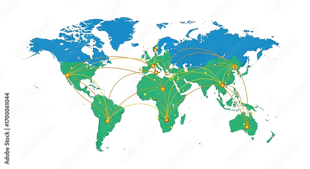 Fototapeta premium Dynamic global network connections visualized across continents with vibrant lines and glowing nodes, representing international trade, communication, and travel routes worldwide.