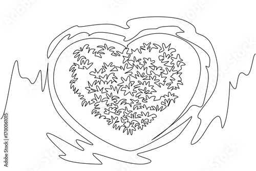 One line drawing of a heart-shaped island covered in dense tropical forest, nature concept, romantic theme for Love Island Day, minimalist style expressing love and paradise.