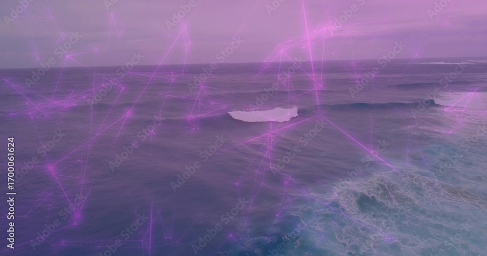 Obraz premium Showing expansive ocean surface rolling at sea, with white foam and purple network lines
