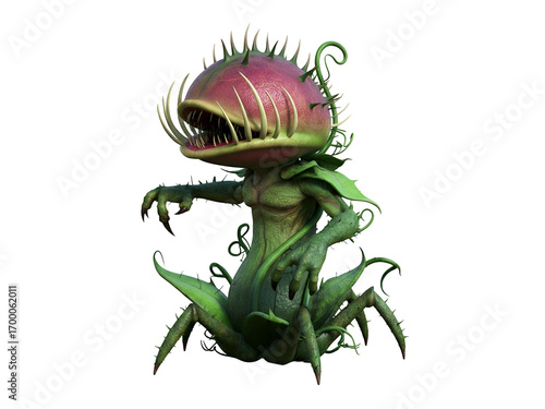 Fierce carnivorous fantasy plant monster with sharp teeth and thorny vines, a 3D rendered creature isolated on a white background