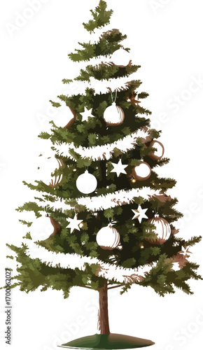Vector art of beautifully decorated christmas tree with ornaments and a star on top